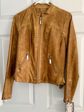 Women's Tan Faux Leather Zip-Front Moto Jacket